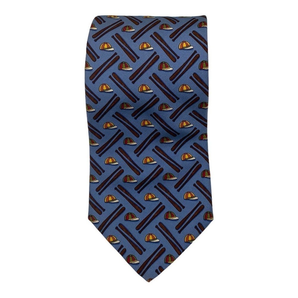 Brooks Brothers Makers Light Blue with Baseball Caps and Bats 100% Silk Neck Tie